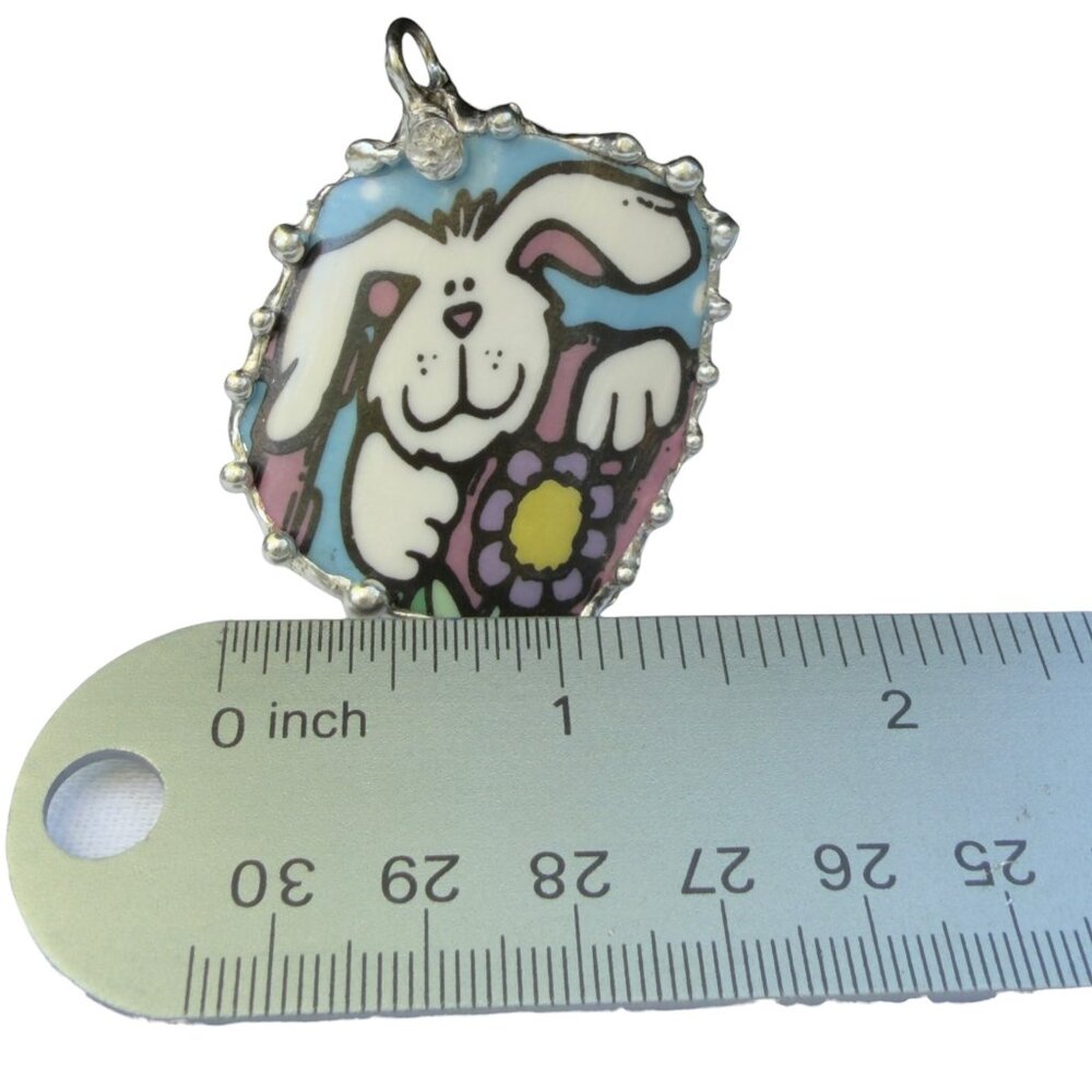 Handmade Easter Bunny Pendant With Silver-Blend Frame Made From Vintage Royal No - Picture 3 of 15